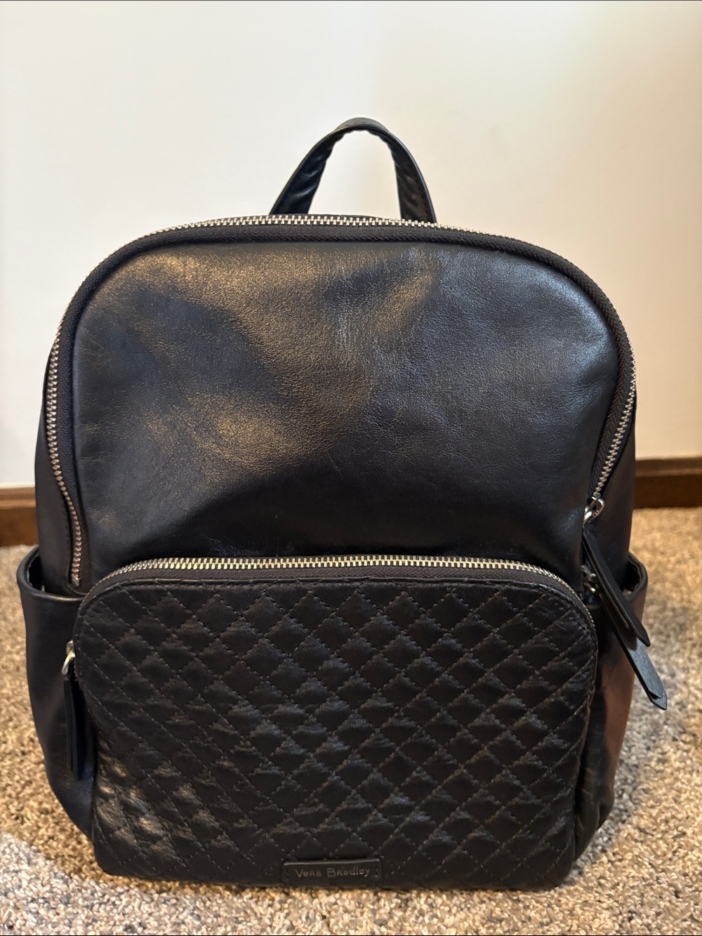 Vera Bradley Black leather Quilted Front Pocket Medium Backpack NWOT
